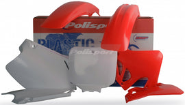 Red Polisport Plastics plastic body kit, lightweight motorcycle body panels and fairings, shown in a close-up image.