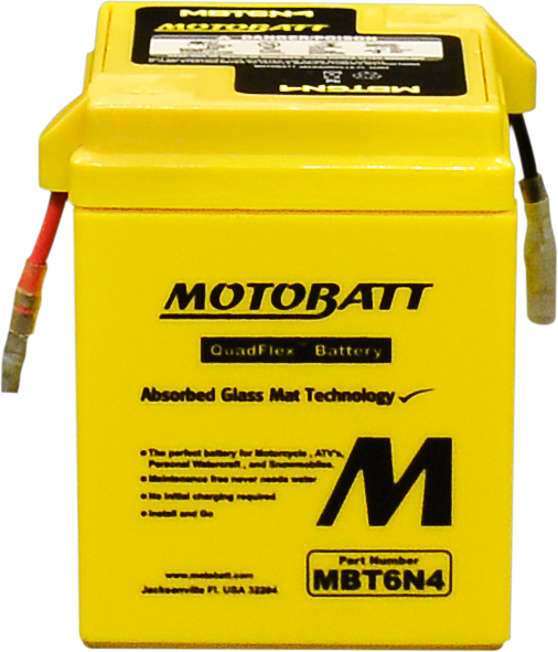 Motobatt MBT6N4 sealed factory-activated motorcycle battery with positive and negative terminals and compact design.