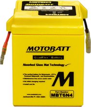 Load image into Gallery viewer, Motobatt MBT6N4 sealed factory-activated motorcycle battery with positive and negative terminals and compact design.