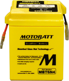 Motobatt MBT6N4 sealed factory-activated motorcycle battery with positive and negative terminals and compact design.
