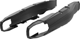 Polisport Plastics black swingarm protectors for motorcycles, designed to shield the swingarm from dirt and damage.