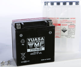 Yuasa YTX16-BS maintenance-free motorcycle battery, shown in a close-up view highlighting terminals and brand label.