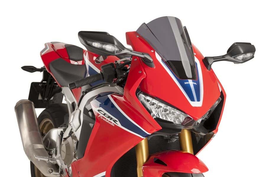 PUIG Racing Dark Smoke Windscreen for motorcycle, featuring tinted dark smoke finish and aerodynamic design.