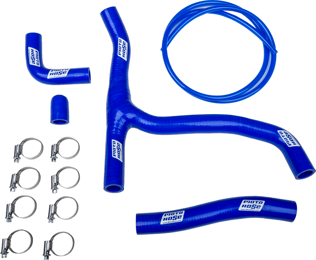Moto Hose Y Works blue engine hose kit with flexible hoses and fittings, designed for motorcycle engine cooling and fuel systems.