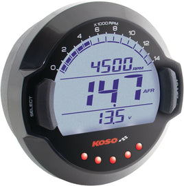 Koso North America engine management air/fuel ratio meter with 12ft cable, showing digital display and sensor connection.