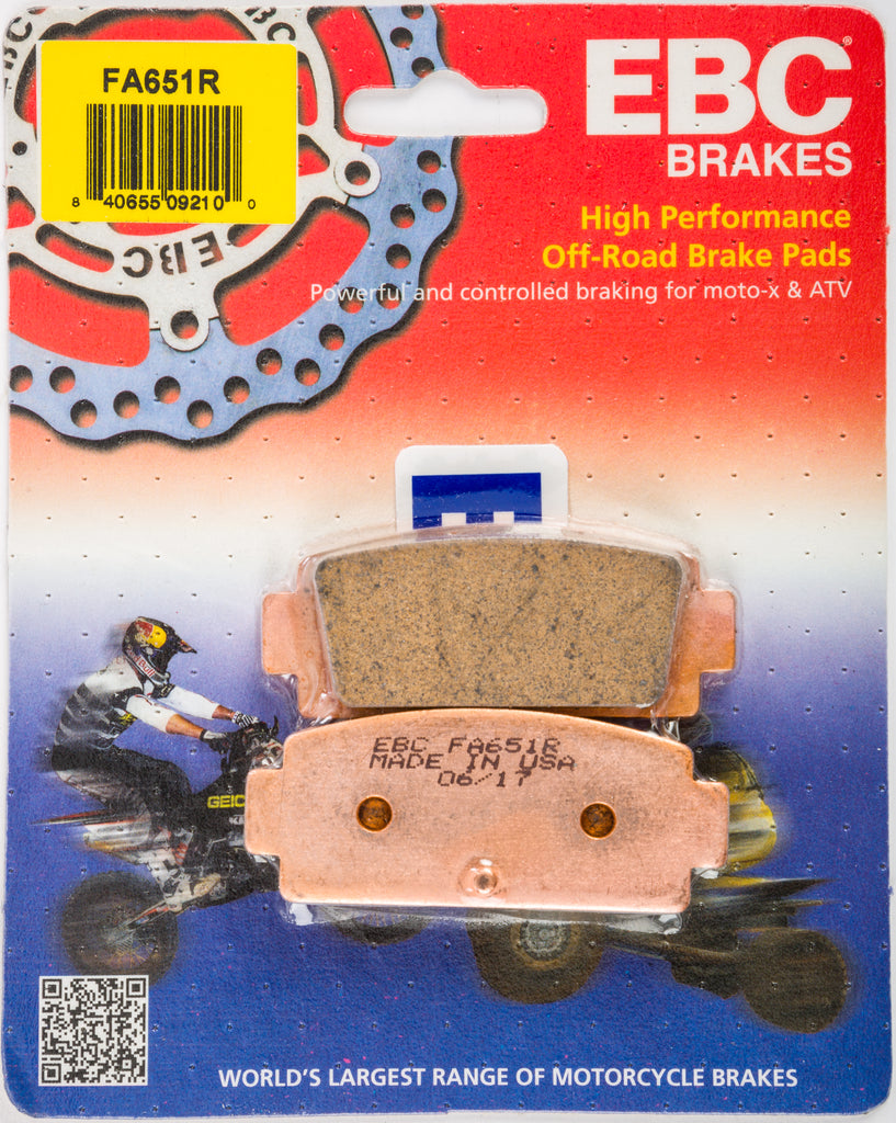 EBC Motorcycle Brakes Fa651r Sintered R Series brake pads with metal backing and friction material for motorcycle braking systems.
