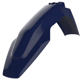 Blue Polisport Plastics front fender for motorcycles, showcasing its durable plastic construction and vibrant color.