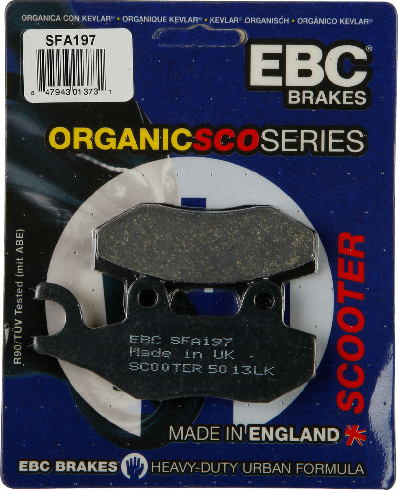 EBC Motorcycle Brakes Sfa197 Organic brake pads showing black friction material and metal backing for motorcycle braking system