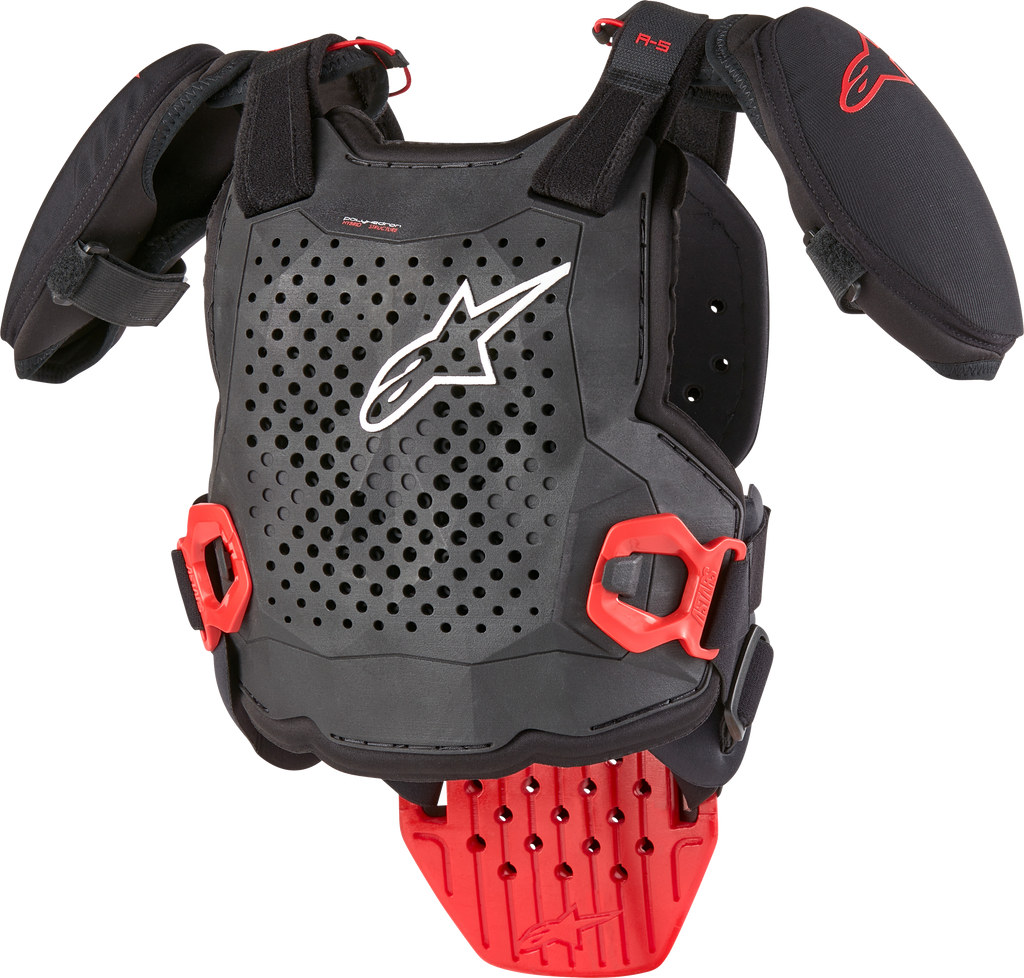 Alpine Star A-5 S Youth Chest Protector in black, white, and red, size small/medium, designed for motocross safety.