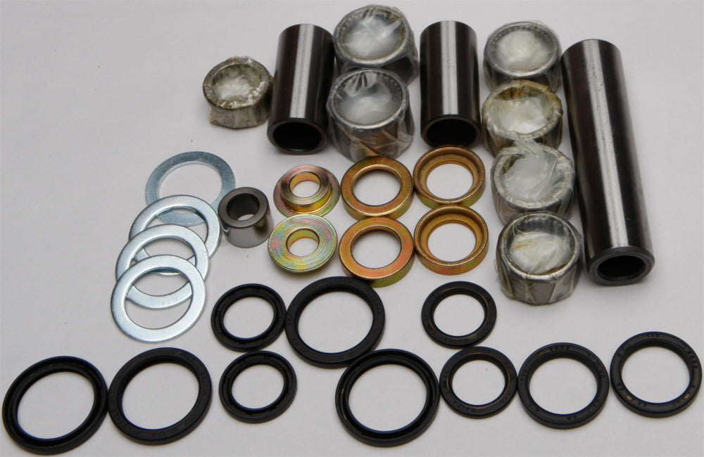 All Balls suspension linkage kit with bearings and seals, featuring metal linkage components and rubber seals for motorcycle suspension.