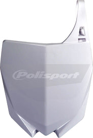 Polisport Plastics white number plate body panel with product code 64-65500, featuring the brand logo and mounting holes.