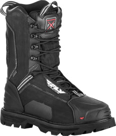 Fly Racing Boulder boots in black, size 8, showing rugged motocross-style footwear with secure ankle support.