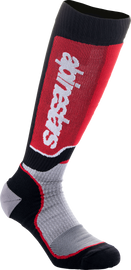 Alpine Star Youth MX Plus Socks in black, grey, and red, size medium/large, designed for motocross riding comfort and style.