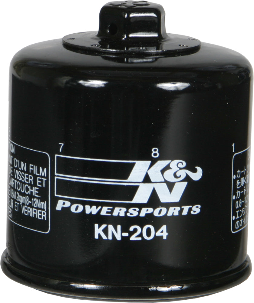 K&N Oil Filter 56-0204 for engine oil filtration, showing the cylindrical filter with K&N branding and metal top.