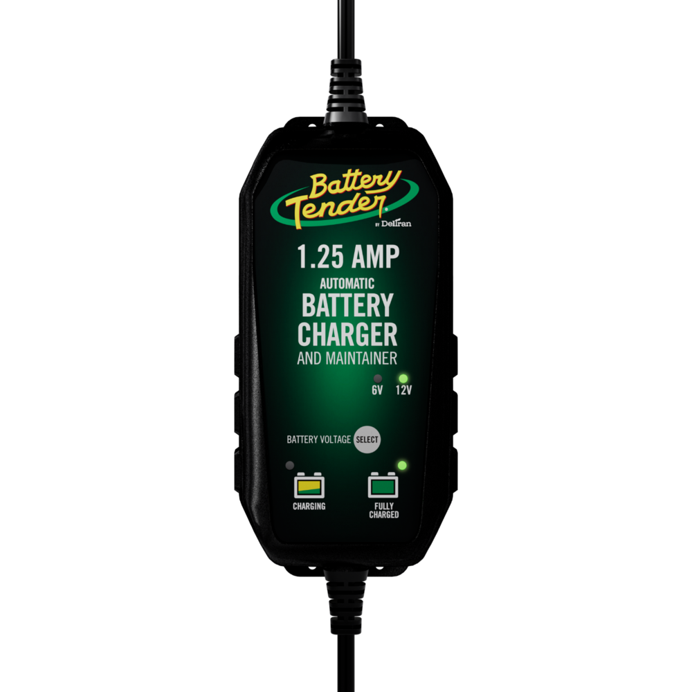 Battery Tender 1.25 Amp charger for 6 and 12 volt batteries, showing the compact tool with adjustable settings and connection terminals.