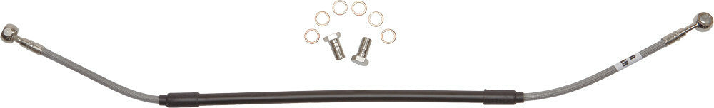 GBRAKES steel rear brake line for KTM 17-10477 motorcycle, showing durable metal brake hose with fittings and connectors.