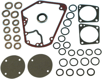 James Gasket cam change gasket kit with metal core, including seals and components for engine maintenance.