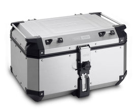 GIVI Obkn58a Outback 58L silver top case mounted on motorcycle, featuring durable design and secure locking system.