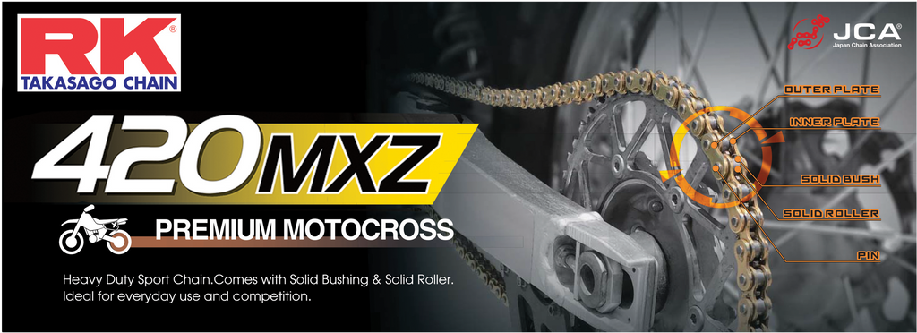 Excel Wheel Components 420MXZ drive chain with 420 x 126 links, featuring durable metal links and a sleek design for motorcycle use.