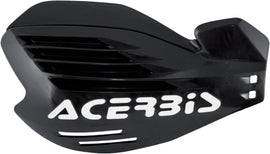 Acerbis X-Force black handguards attached to motorcycle handlebars, showcasing durable protective design and ergonomic features.