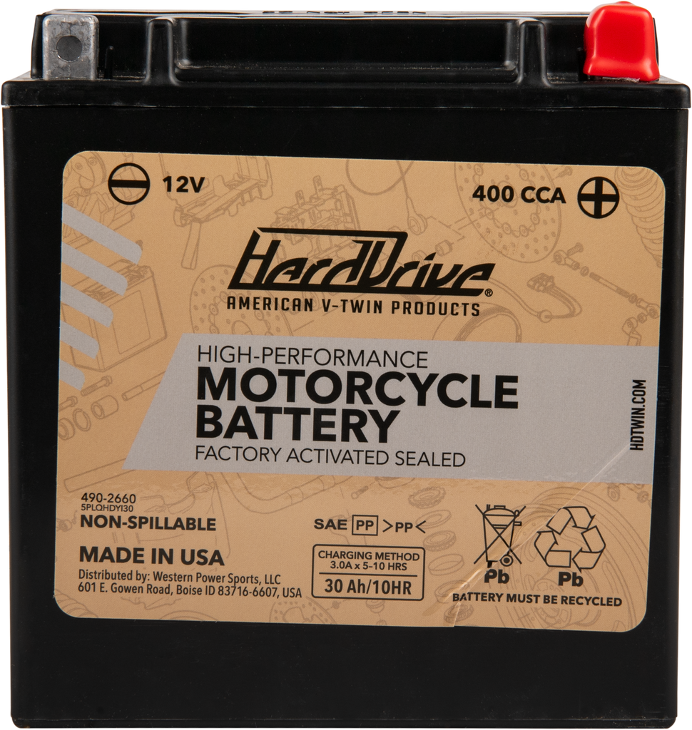 HardDrive High Performance Yix30l battery with 400 CCA, showcasing the battery's terminals and branding details.