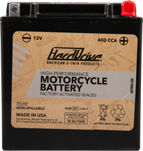 Load image into Gallery viewer, HardDrive High Performance Yix30l battery with 400 CCA, showcasing the battery's terminals and branding details.