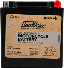 HardDrive High Performance Yix30l battery with 400 CCA, showcasing the battery's terminals and branding details.