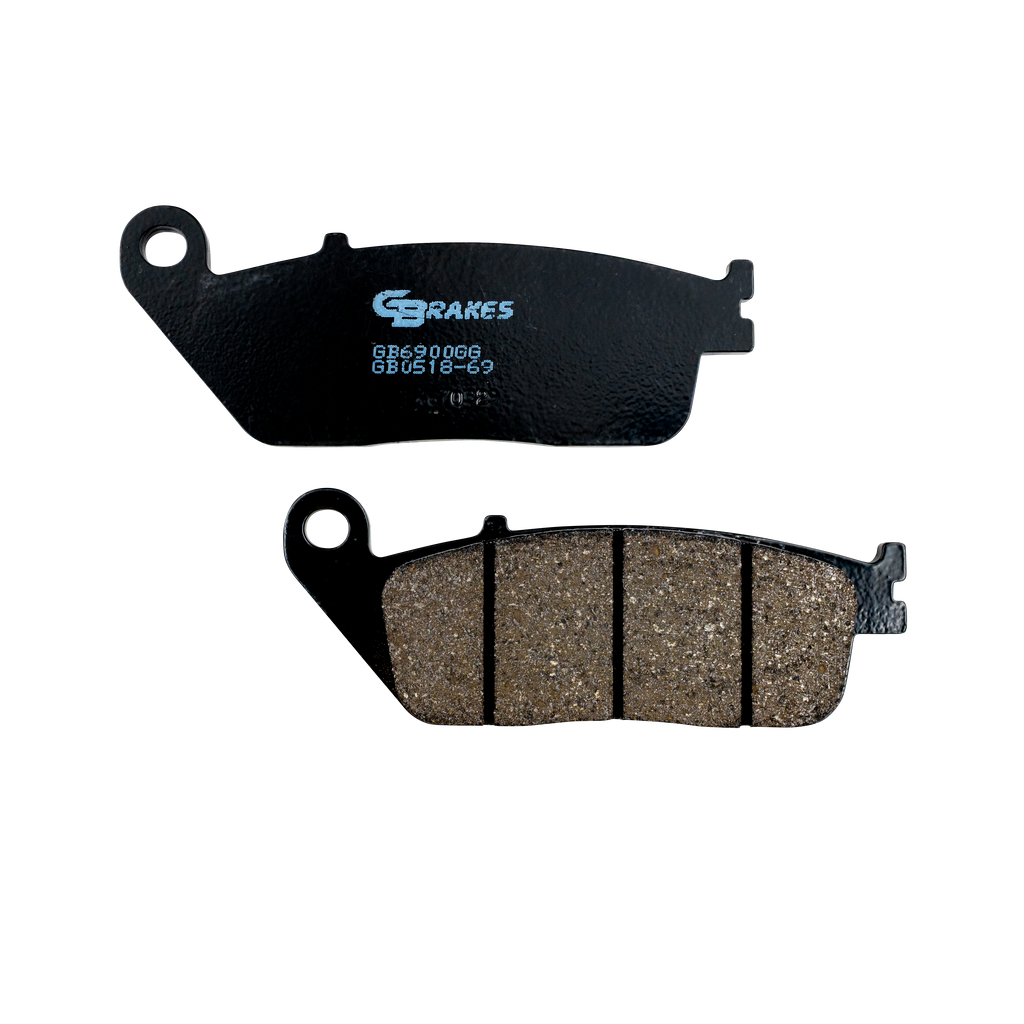 GBRAKES semi-metallic brake pads for vehicle braking systems, shown in the image with metallic and friction material components.