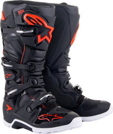 Alpine Star Tech 7 Enduro Boots in black and red fluo, size 11, showing sturdy design and secure straps for off-road riding.