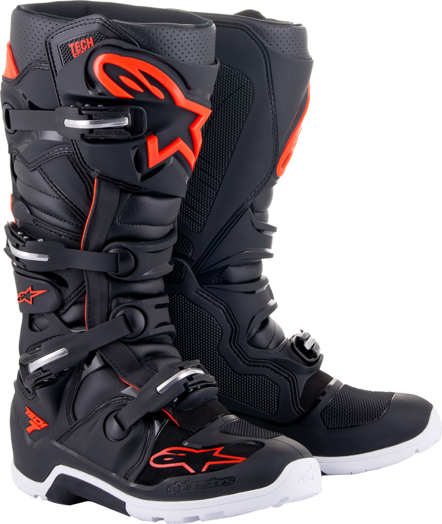 Alpine Star Tech 7 Enduro motorcycle boots in black and red fluo with size 11, featuring sturdy construction and protective design.
