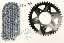 VORTEX sprocket and chain kit with black aluminum sprockets, 14/42 teeth, for 520-108L motorcycle or bike drive system.