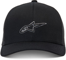 Alpine Star Find Trucker cap in black with mesh back and structured front panel, adjustable snap closure, casual style.