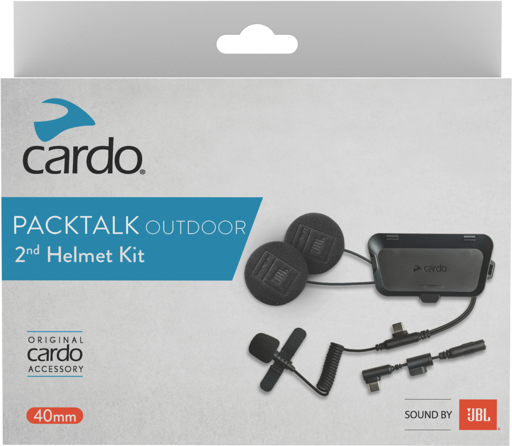 Cardo Systems Palktalk Outdoor 2nd Helmet Kit with communication device and wiring for motorcycle helmet intercom system.