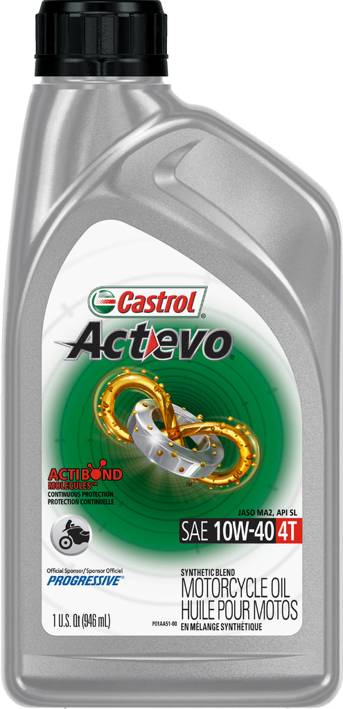 Castrol Act>Evo synthetic blend 10W40 motor oil in a 1-quart bottle, ideal for 4-stroke engines, displayed in the image.