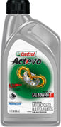Castrol Act>Evo synthetic blend 10W40 motor oil in a 1-quart bottle, ideal for 4-stroke engines, displayed in the image.