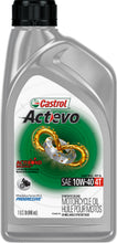Load image into Gallery viewer, Castrol Act>Evo Synthetic Blend Oil 4T 10W40 quart bottle, motorcycle engine lubricant, chemical product for engine protection