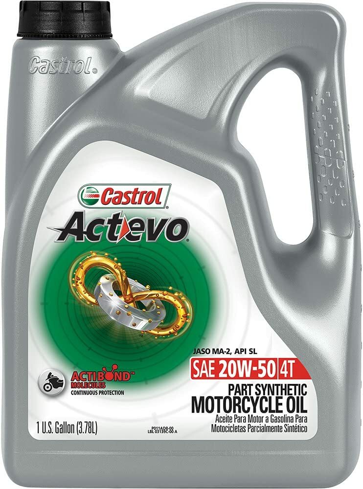 Castrol Act>Evo Synthetic Blend 20W50 motorcycle oil in a 1-gallon container, suitable for 4-stroke engines.