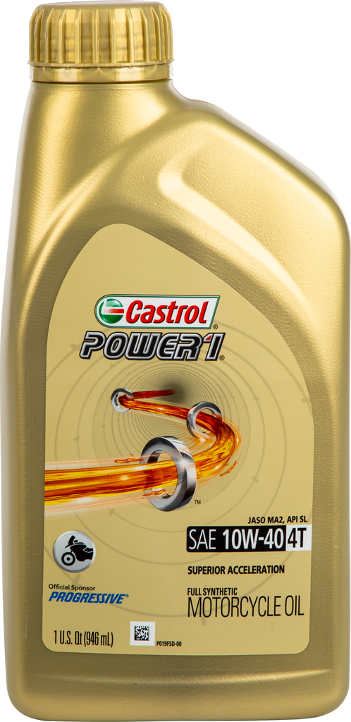 Castrol Power 1 Synthetic Oil 4T 10W40 1-quart bottle, engine oil container for motorcycles, with product label visible