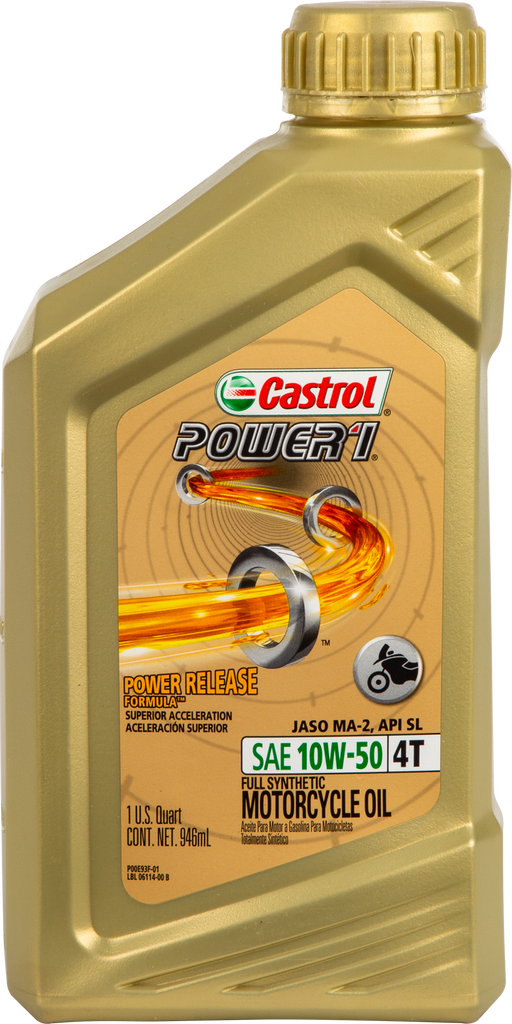 Castrol Power 1 Synthetic Oil 4T 10W50 in a 1-quart bottle, ideal for motorcycle engines, showing the oil container and label.