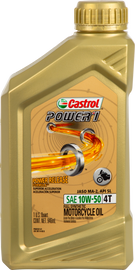Castrol Power 1 Synthetic Oil 4T 10W50 in a 1-quart bottle, ideal for motorcycle engines, showing the oil container and label.
