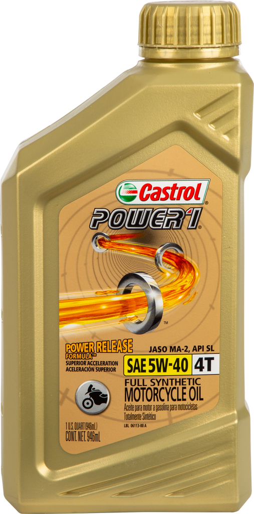 Castrol Power 1 Synthetic Oil 4T 5W40 quart bottle, automotive engine oil for motorcycles and bikes.