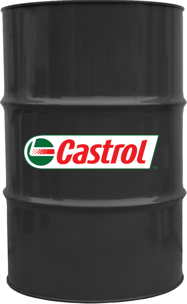 Castrol Power 1 Synthetic 4T 5W40 motor oil in a 55-gallon drum, chemical product for engine lubrication.
