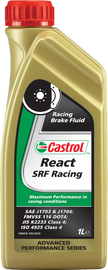 Castrol SRF Racing Brake Fluid bottle, automotive brake fluid chemical product with blue liquid in a container.