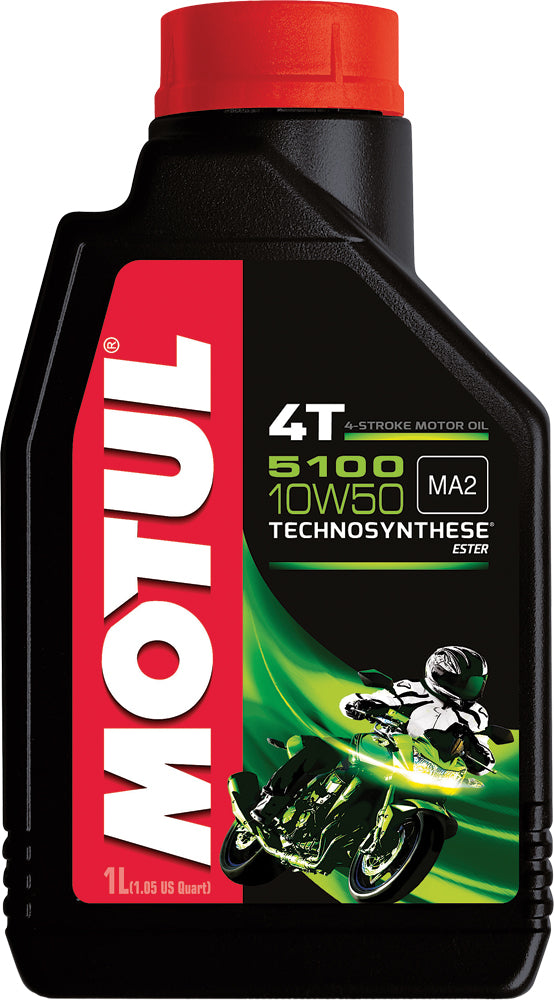 Motul 5100 Ester/Syn 10w50 engine oil bottle, 1 liter, with label showing product details and branding.
