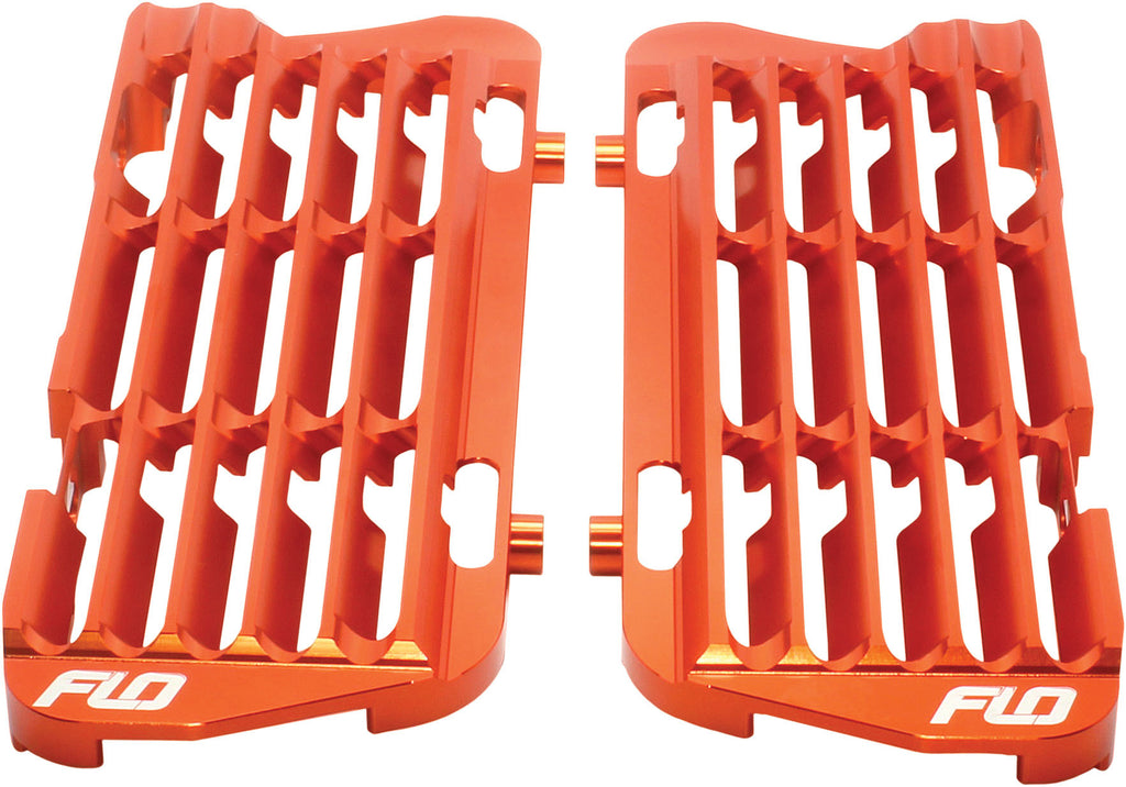 Flo Motorsports high flow radiator braces in bright orange, designed to secure and reinforce motorcycle radiators.
