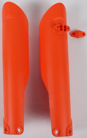 Orange Acerbis fork covers for motorcycle forks, featuring durable protective material and branding details.