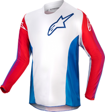 Load image into Gallery viewer, Alpine Star youth Racer Pneuma jersey in blue, Mars red, and white with athletic design, shown in size XL.