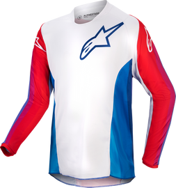 Alpine Star Youth Racer Pneuma Jersey in blue, Mars red, and white, shown in XL size with vibrant racing design.