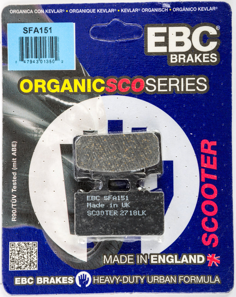 EBC Motorcycle Brakes Sfa151 organic brake pads, close-up of black brake pad with EBC branding and metallic backing plate.