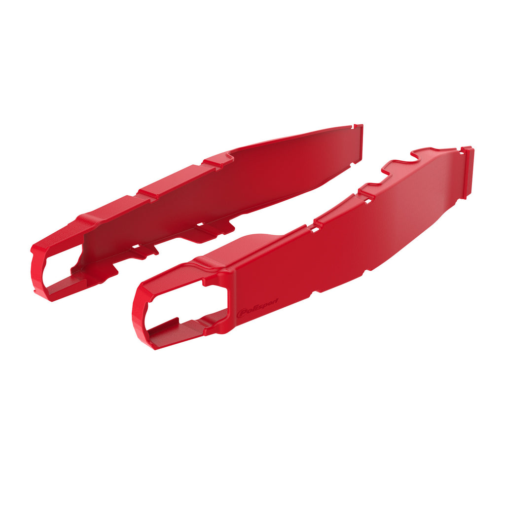 Polisport Plastics red swingarm protectors for Honda CR models, made of durable body plastic for motorcycle protection.